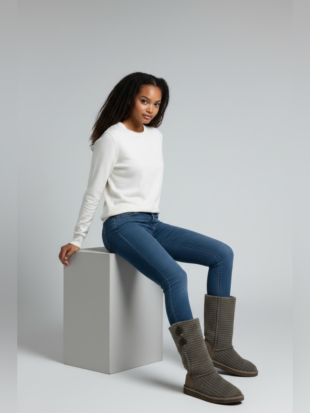 UGG Taupe Knit Button-Accent Moccasin Boots - Picture 2 of 6